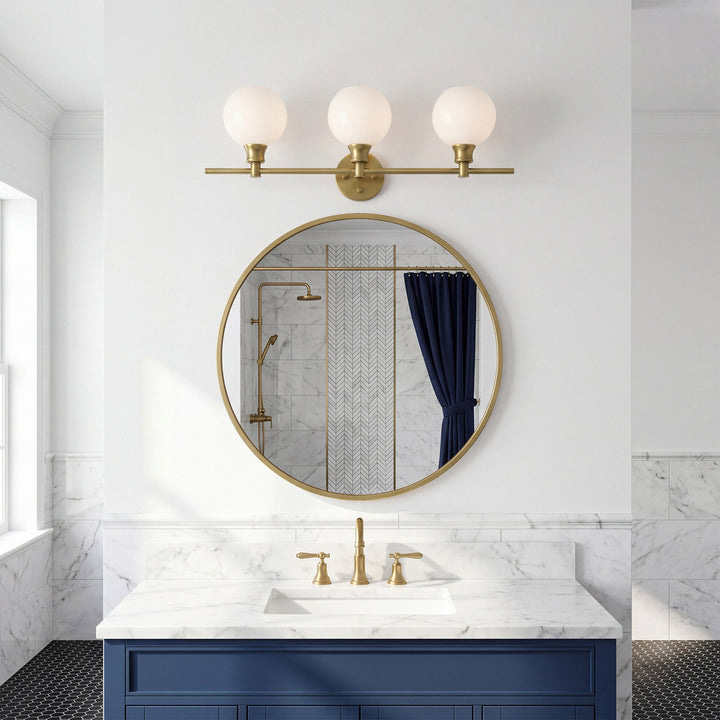 3 Light Satin Gold And Frosted White Glass Wall Sconce - View 2 - Joshua Marshal