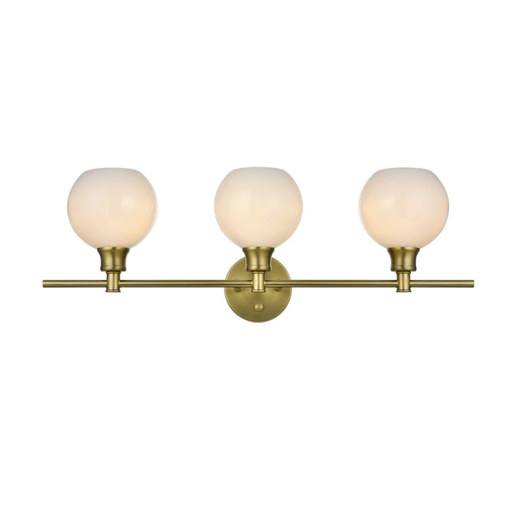 3 Light Satin Gold And Frosted White Glass Wall Sconce - View 3 - Joshua Marshal