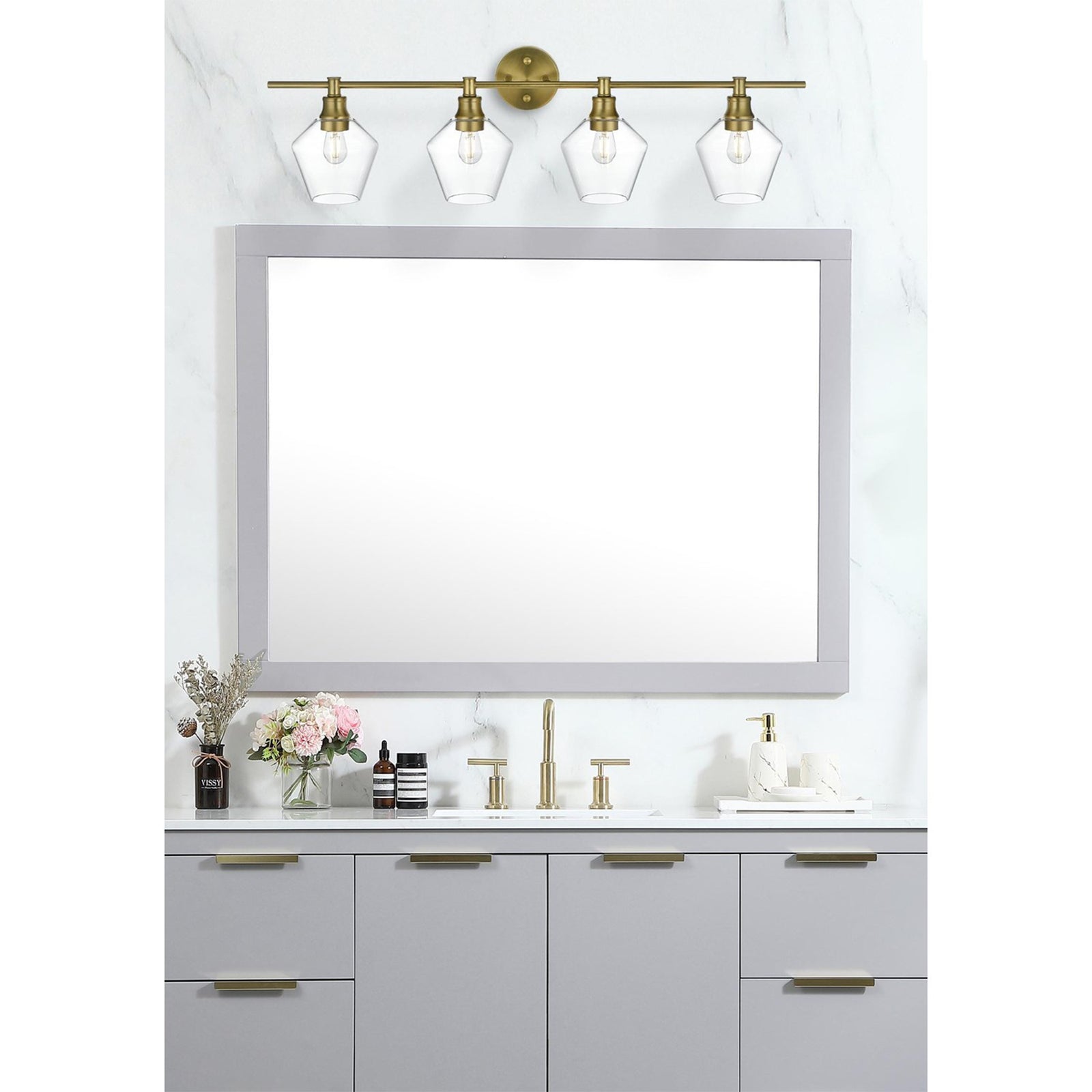 4 Light Satin Gold And Clear Glass Wall Sconce - View 2 - Joshua Marshal