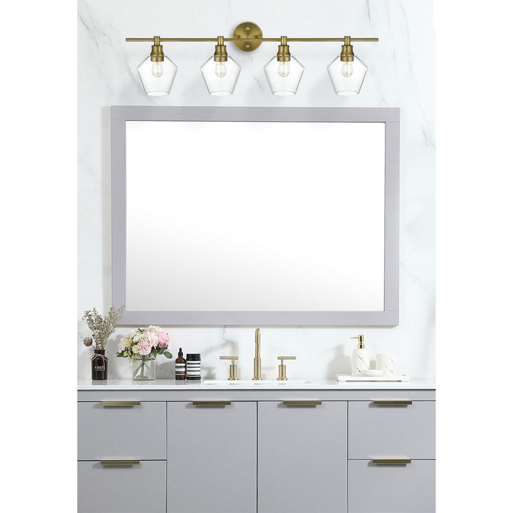 4 Light Satin Gold And Clear Glass Wall Sconce - View 2 - Joshua Marshal