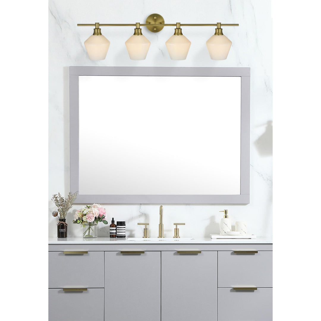 4 Light Satin Gold And Frosted White Glass Wall Sconce - View 2 - Joshua Marshal