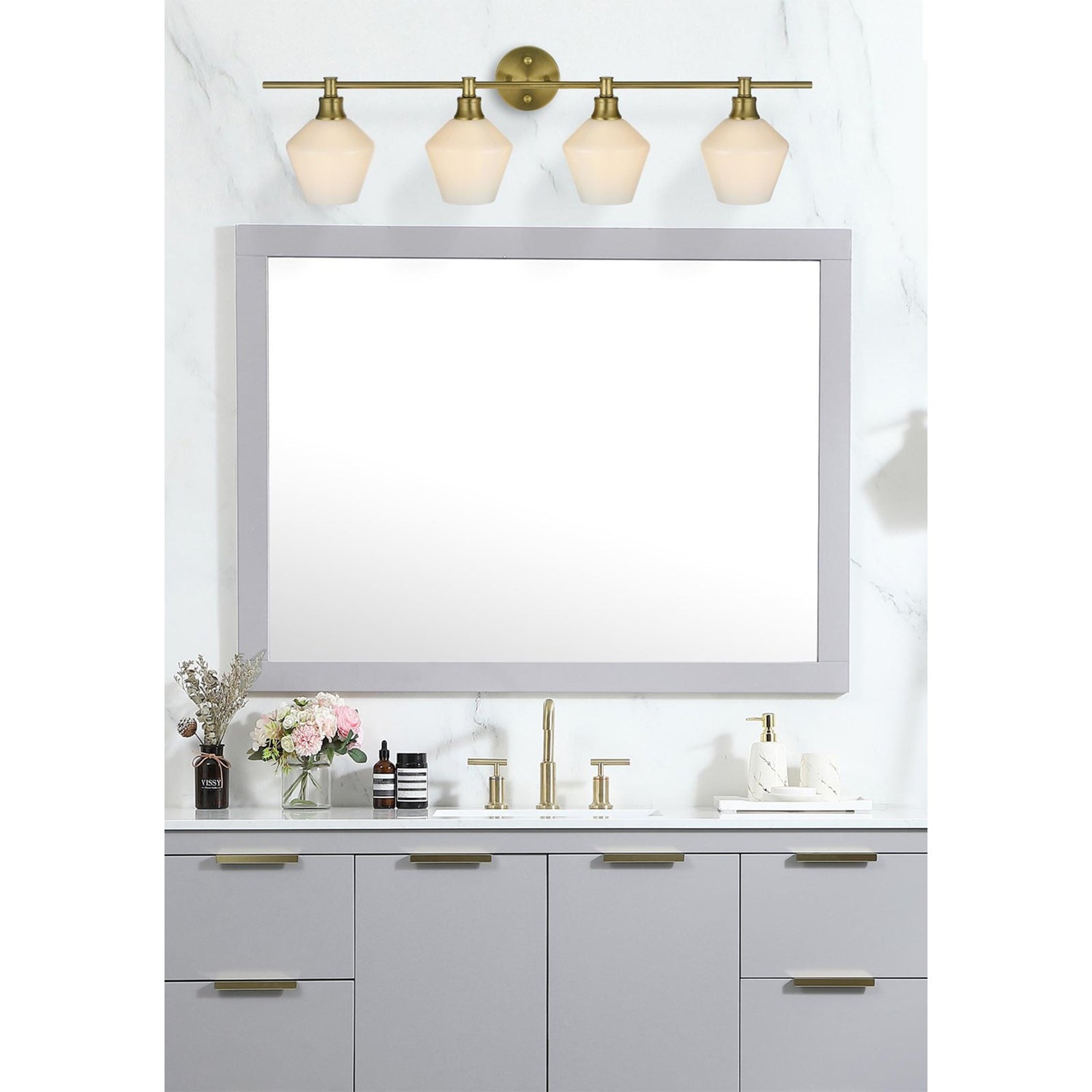 4 Light Satin Gold And Frosted White Glass Wall Sconce - View 2 - Joshua Marshal