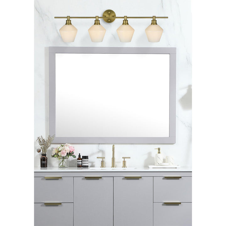 4 Light Satin Gold And Frosted White Glass Wall Sconce - View 2 - Joshua Marshal