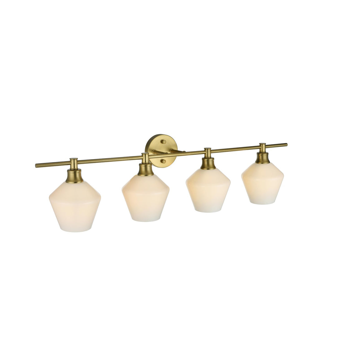 4 Light Satin Gold And Frosted White Glass Wall Sconce - View 3 - Joshua Marshal