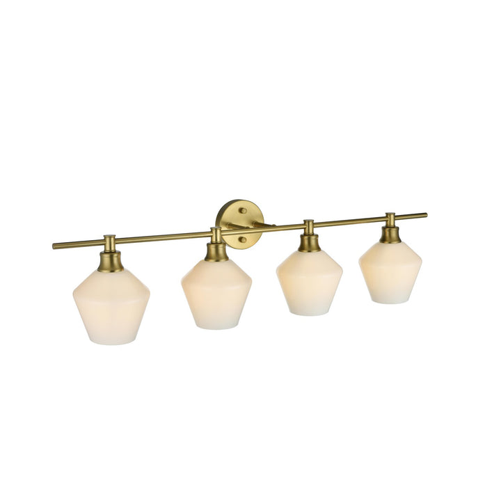 4 Light Satin Gold And Frosted White Glass Wall Sconce - View 3 - Joshua Marshal
