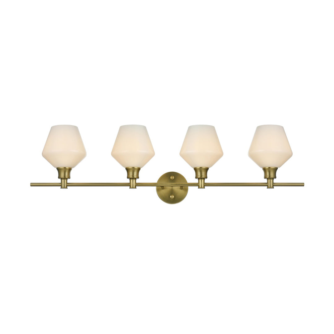 4 Light Satin Gold And Frosted White Glass Wall Sconce - View 4 - Joshua Marshal