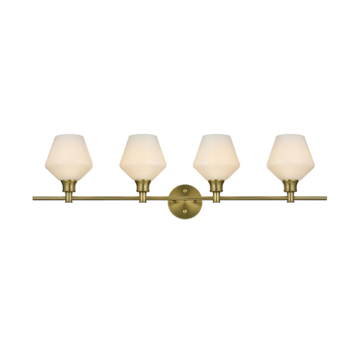 4 Light Satin Gold And Frosted White Glass Wall Sconce - View 4 - Joshua Marshal