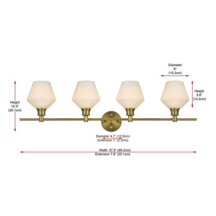 4 Light Satin Gold And Frosted White Glass Wall Sconce - View 6 - Joshua Marshal