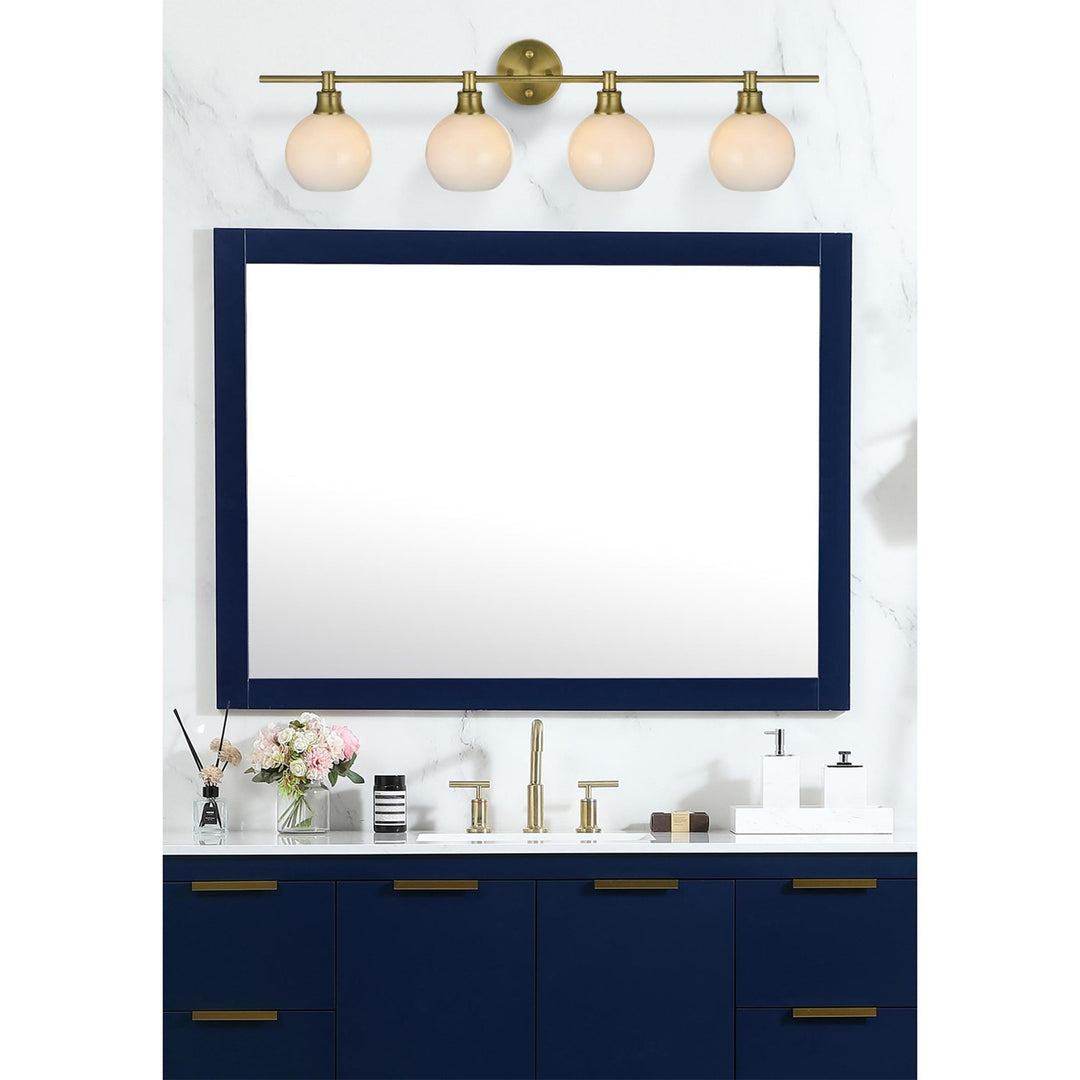 4 Light Satin Gold And Frosted White Glass Wall Sconce - View 2 - Joshua Marshal