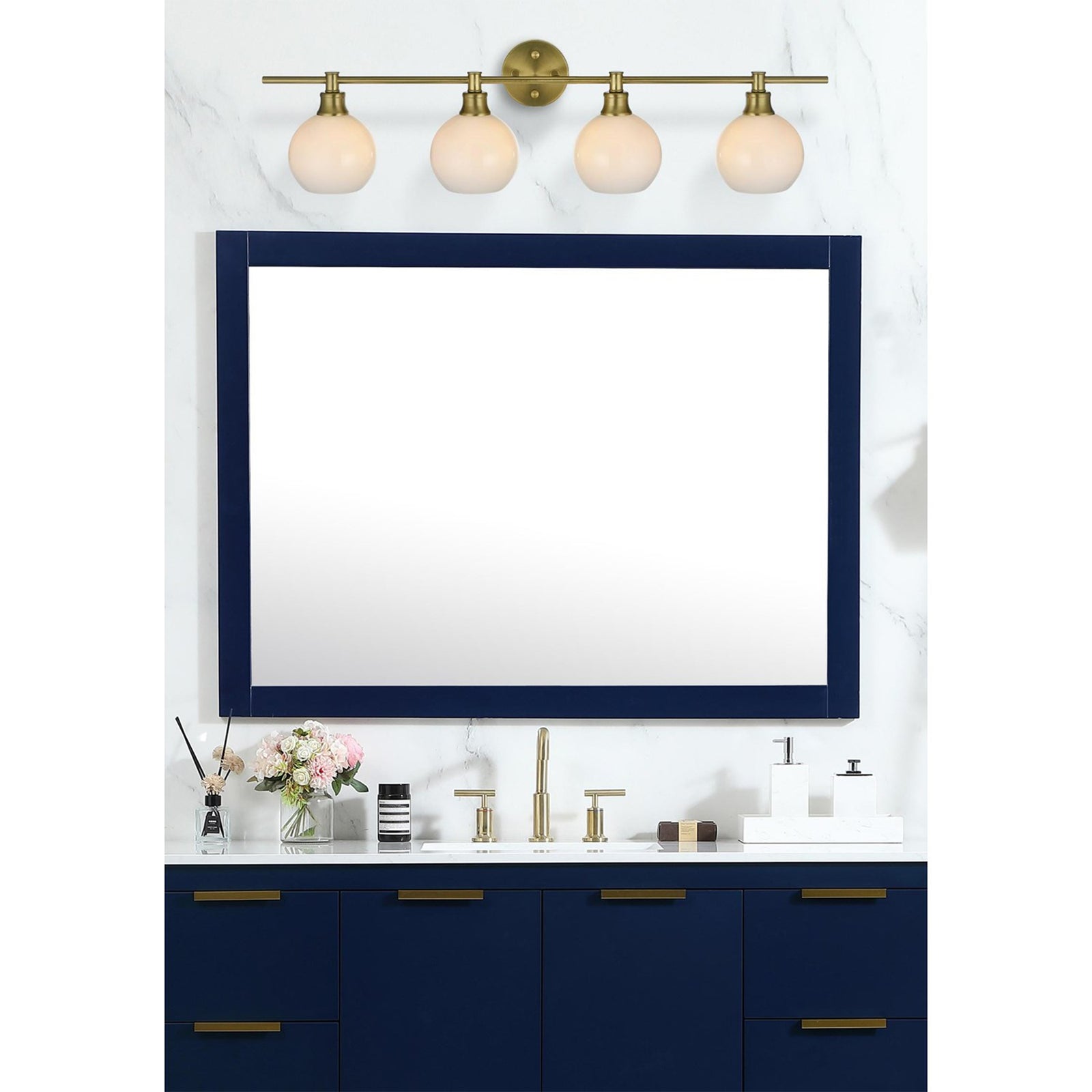 4 Light Satin Gold And Frosted White Glass Wall Sconce - View 2 - Joshua Marshal