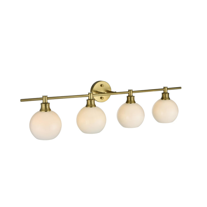 4 Light Satin Gold And Frosted White Glass Wall Sconce - View 3 - Joshua Marshal