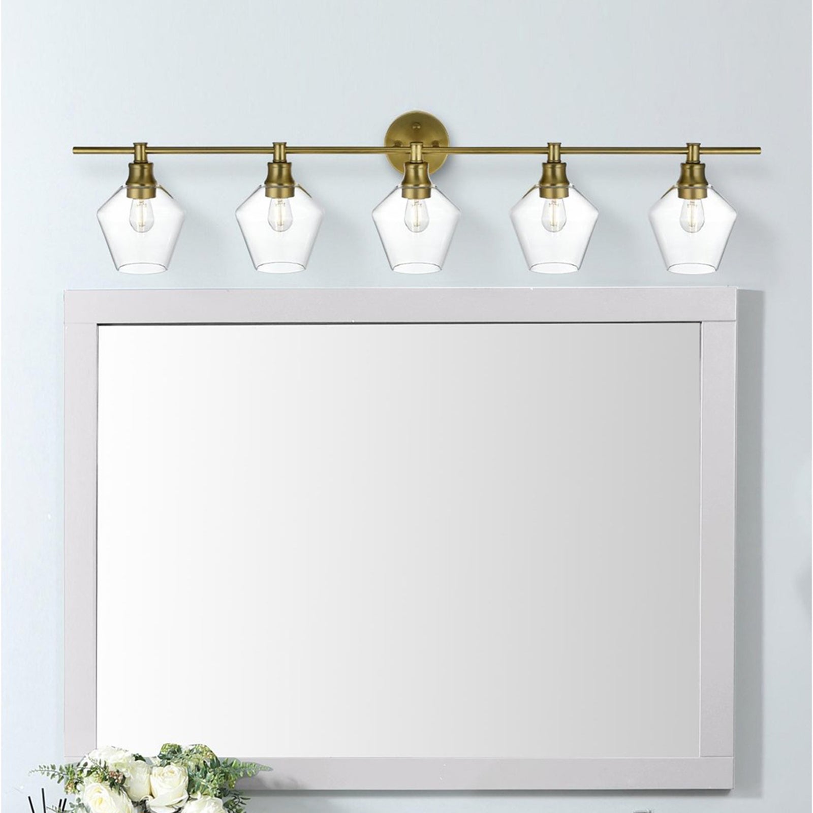 5 Light Satin Gold And Clear Glass Wall Sconce Satin Gold Finish - LIGHTING by Joshua Marshal