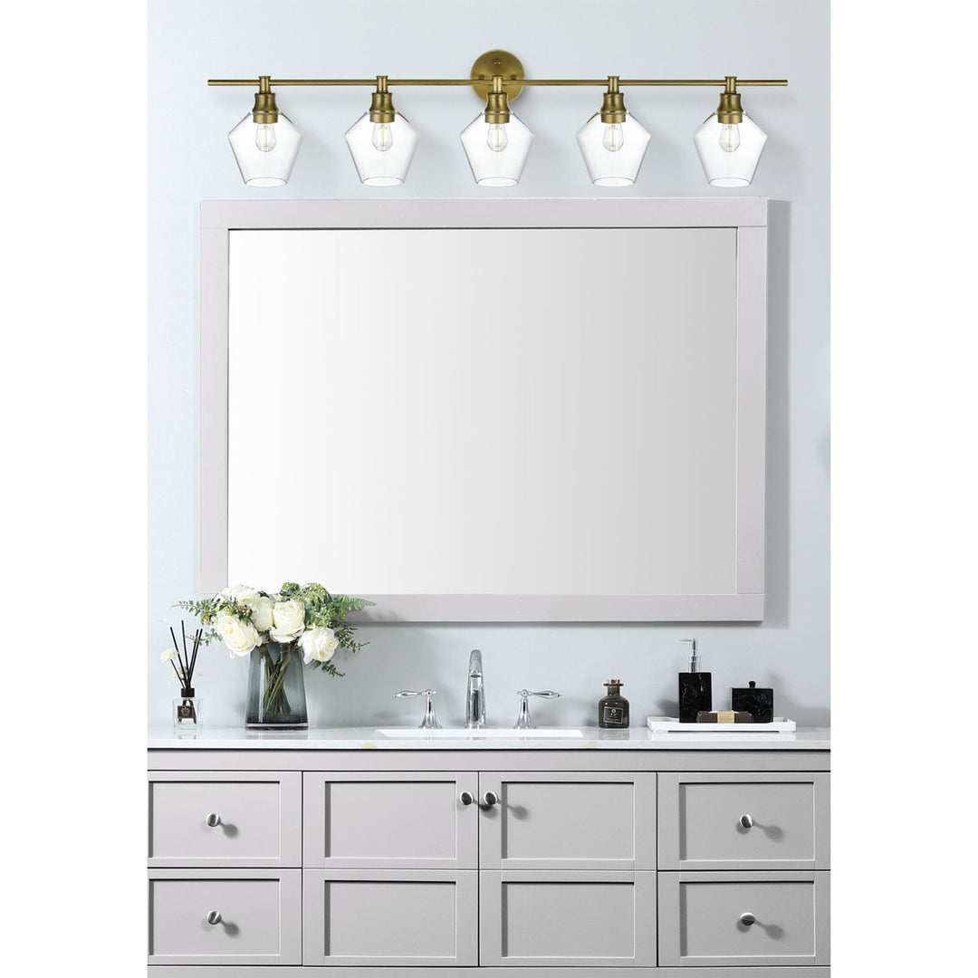 5 Light Satin Gold And Clear Glass Wall Sconce - View 2 - Joshua Marshal
