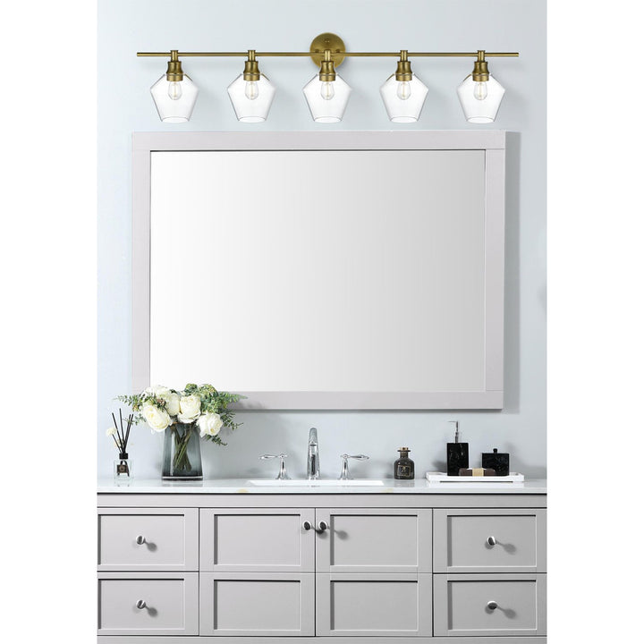 5 Light Satin Gold And Clear Glass Wall Sconce - View 2 - Joshua Marshal