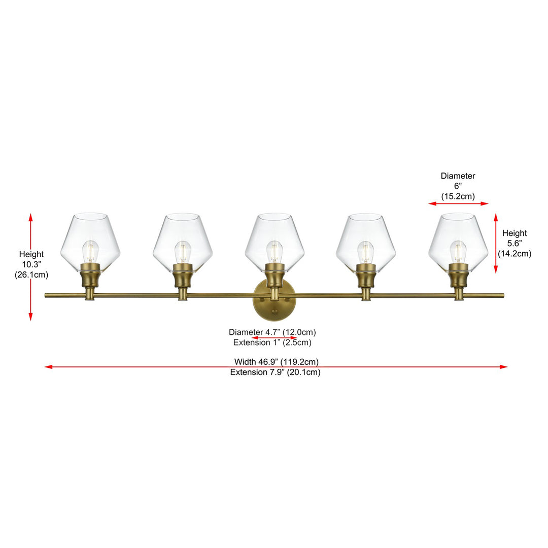 5 Light Satin Gold And Clear Glass Wall Sconce - View 6 - Joshua Marshal