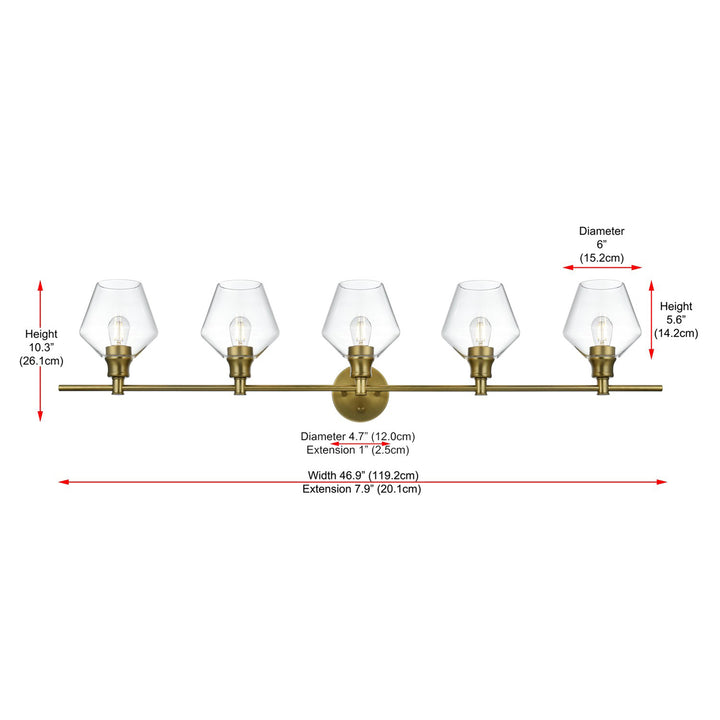 5 Light Satin Gold And Clear Glass Wall Sconce - View 6 - Joshua Marshal