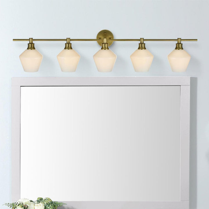 5 Light Satin Gold And Frosted White Glass Wall Sconce Satin Gold Finish - LIGHTING by Joshua Marshal