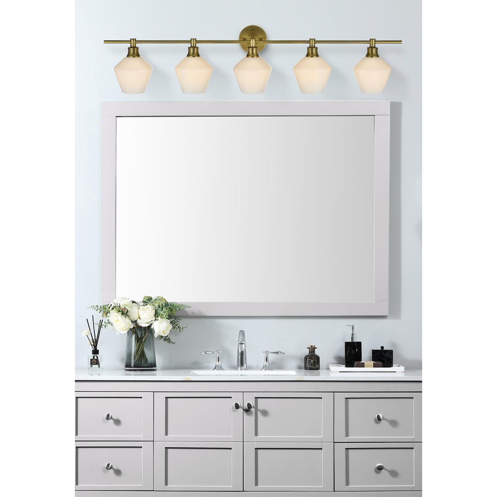 5 Light Satin Gold And Frosted White Glass Wall Sconce - View 2 - Joshua Marshal
