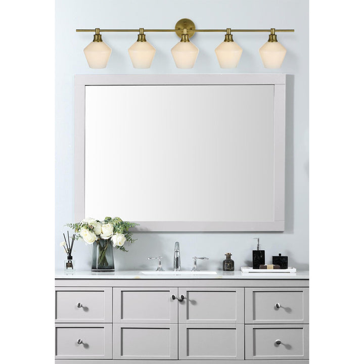 5 Light Satin Gold And Frosted White Glass Wall Sconce - View 2 - Joshua Marshal