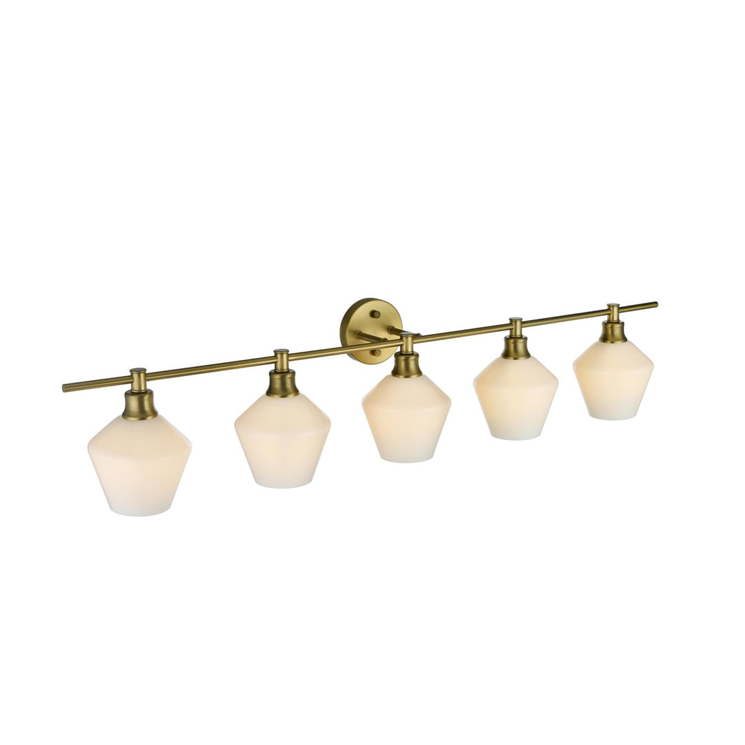 5 Light Satin Gold And Frosted White Glass Wall Sconce - View 3 - Joshua Marshal