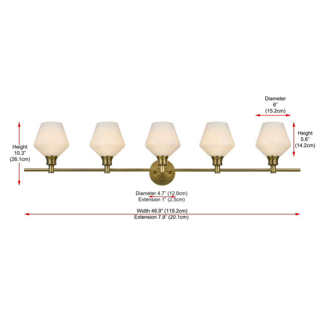 5 Light Satin Gold And Frosted White Glass Wall Sconce - View 6 - Joshua Marshal