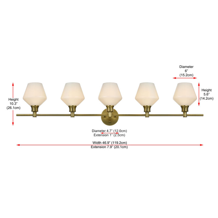 5 Light Satin Gold And Frosted White Glass Wall Sconce - View 6 - Joshua Marshal