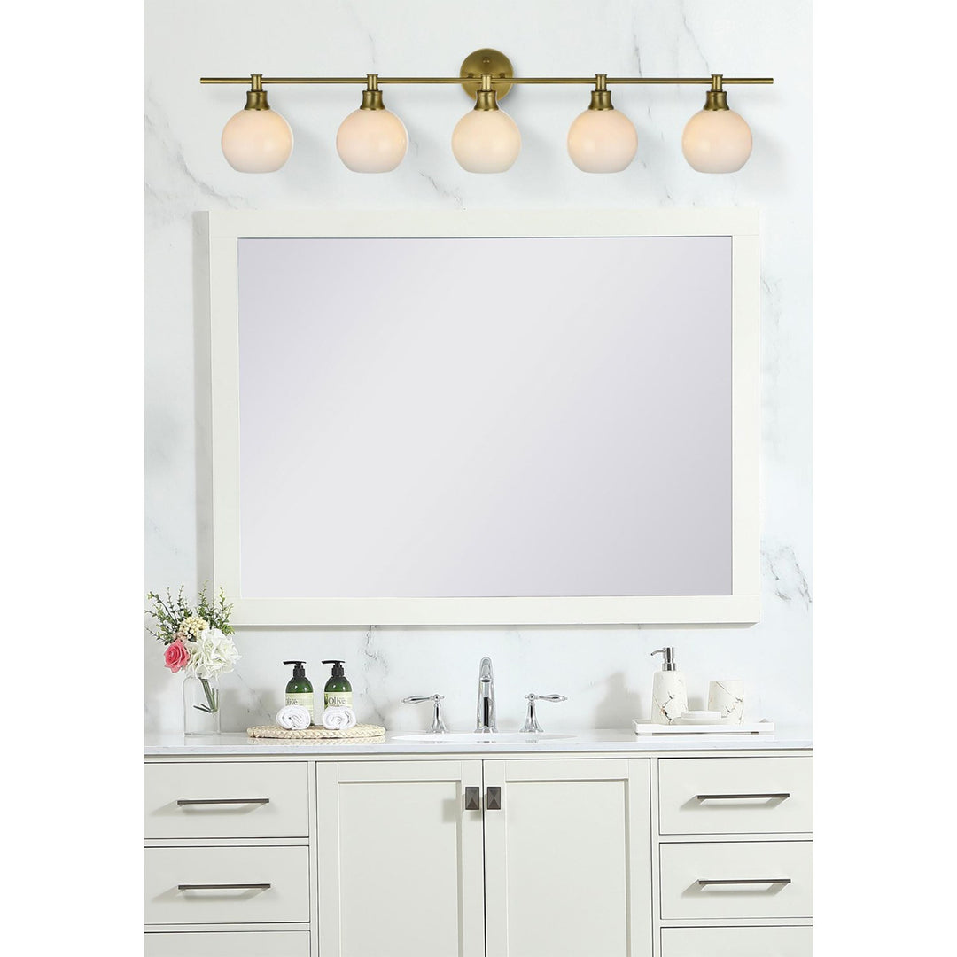 5 Light Satin Gold And Frosted White Glass Wall Sconce - View 2 - Joshua Marshal