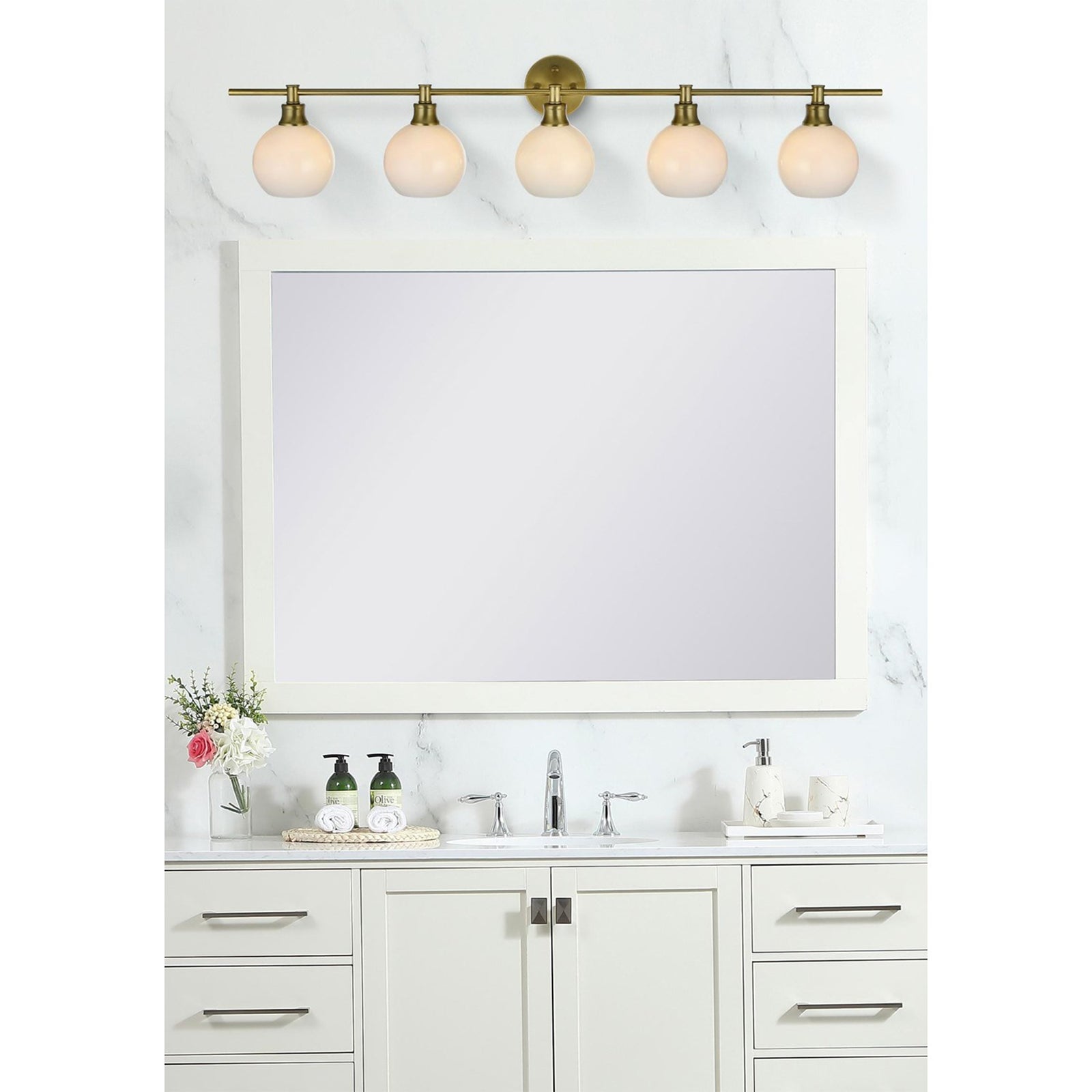 5 Light Satin Gold And Frosted White Glass Wall Sconce - View 2 - Joshua Marshal