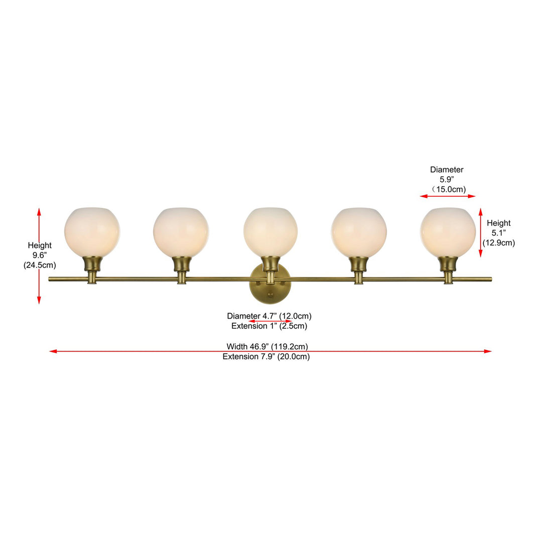 5 Light Satin Gold And Frosted White Glass Wall Sconce - View 6 - Joshua Marshal