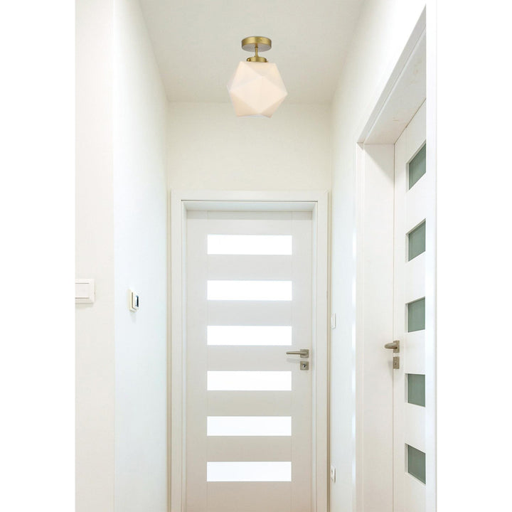 10 Inch Flush Mount Frosted White Shade In Satin Gold - View 2 - Joshua Marshal