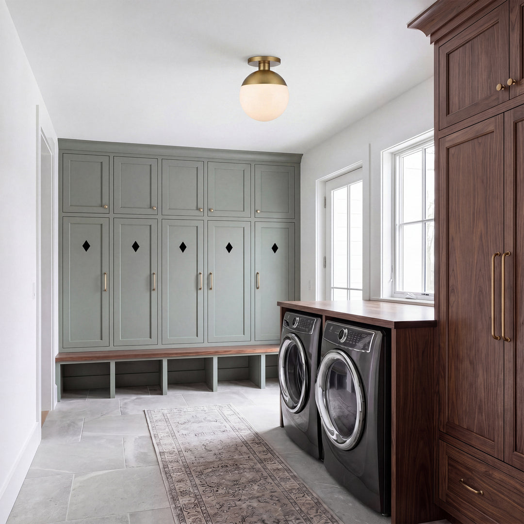 12 Inch Flush Mount Frosted White Shade In Satin Gold - View 2 - Joshua Marshal