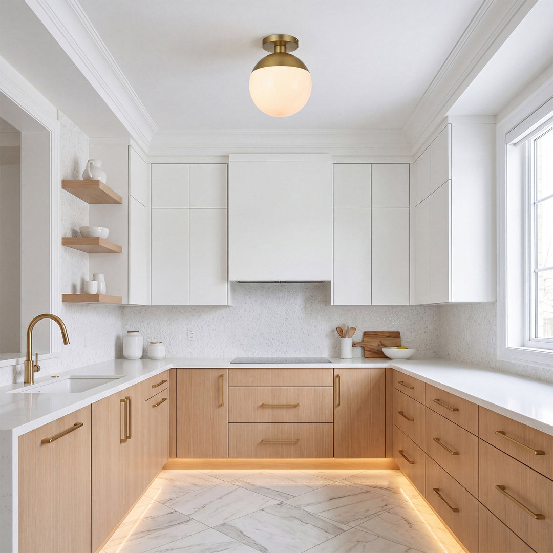 10 Inch Flush Mount Frosted White Shade In Satin Gold - View 2 - Joshua Marshal