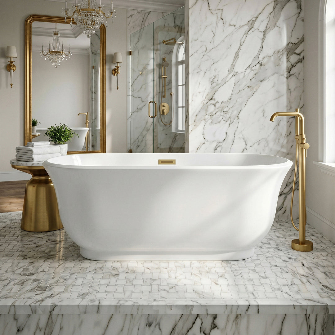 59 Inch Soaking Bathtub In Glossy White With Brushed Gold Trim Glossy White Finish - KITCHEN & BATH by Joshua Marshal
