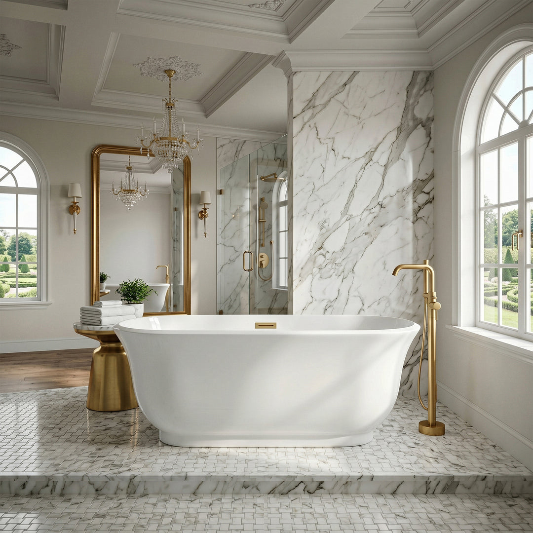 59 Inch Soaking Bathtub In Glossy White With Brushed Gold Trim - View 2 - Joshua Marshal