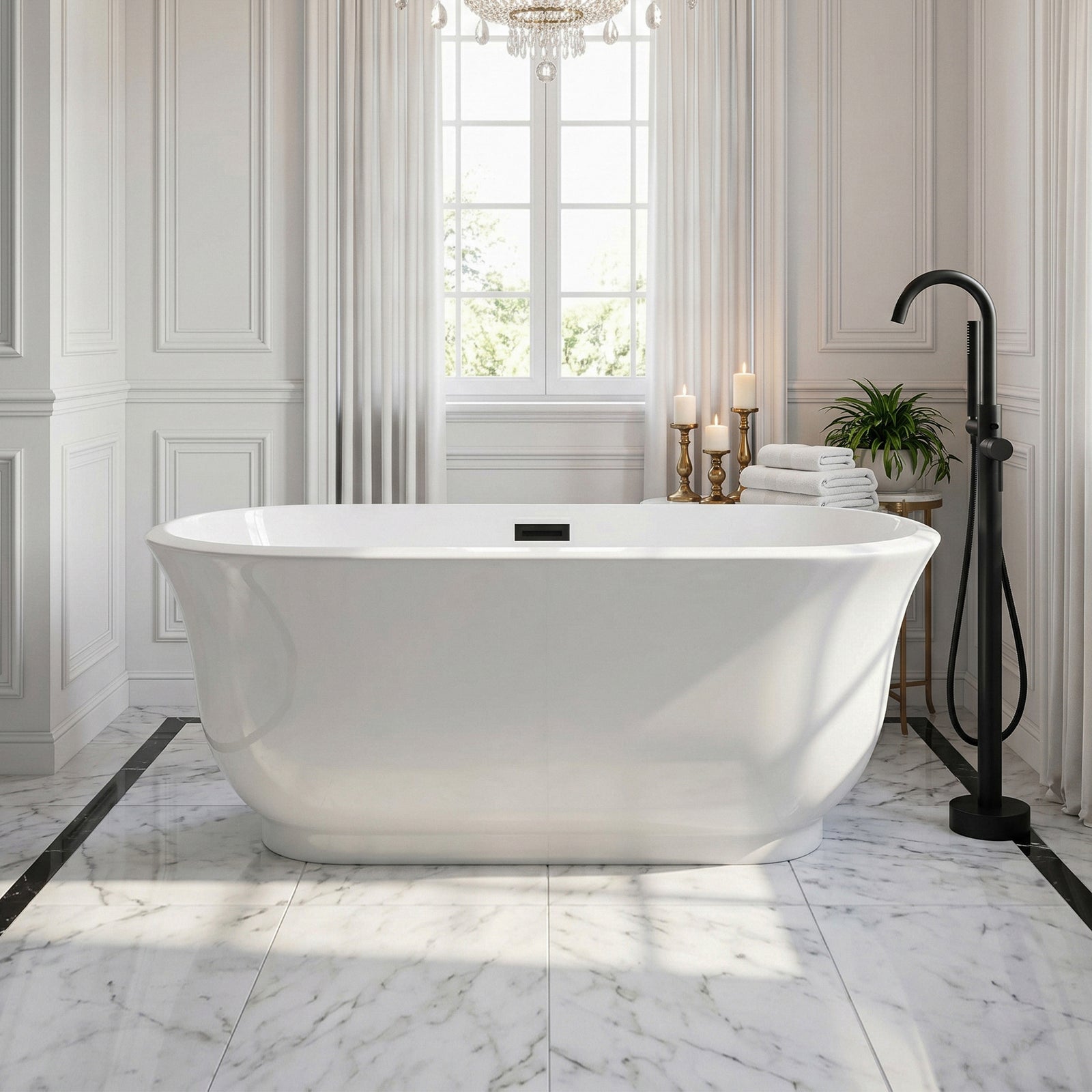 59 Inch Soaking Bathtub In Glossy White With Matte Black Trim Glossy White Finish - KITCHEN & BATH by Joshua Marshal