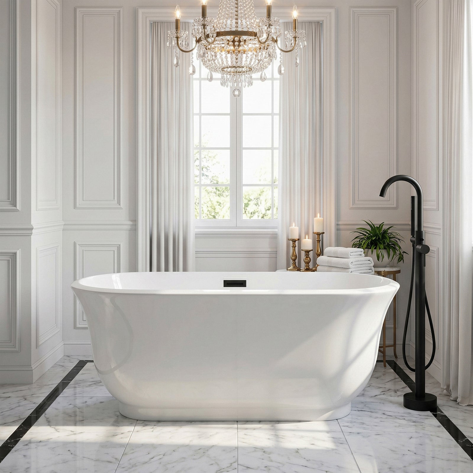59 Inch Soaking Bathtub In Glossy White With Matte Black Trim - View 2 - Joshua Marshal