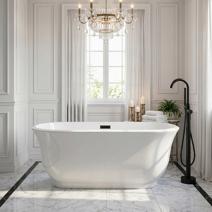 59 Inch Soaking Bathtub In Glossy White With Matte Black Trim - View 2 - Joshua Marshal