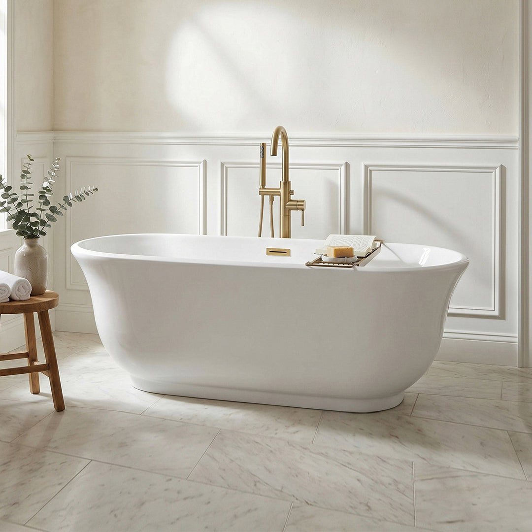 67 Inch Soaking Bathtub In Glossy White With Brushed Gold Trim Glossy White Finish - KITCHEN & BATH by Joshua Marshal