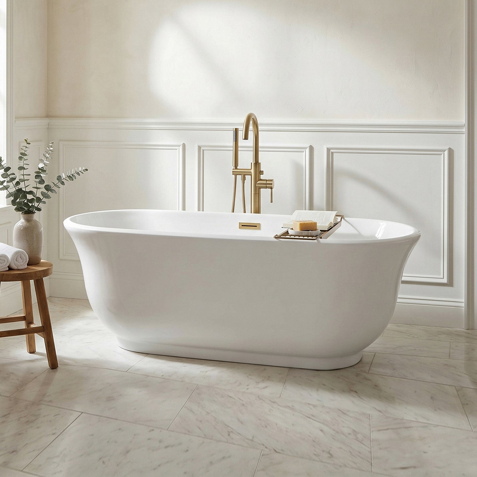 67 Inch Soaking Bathtub In Glossy White With Brushed Gold Trim Glossy White Finish - KITCHEN & BATH by Joshua Marshal