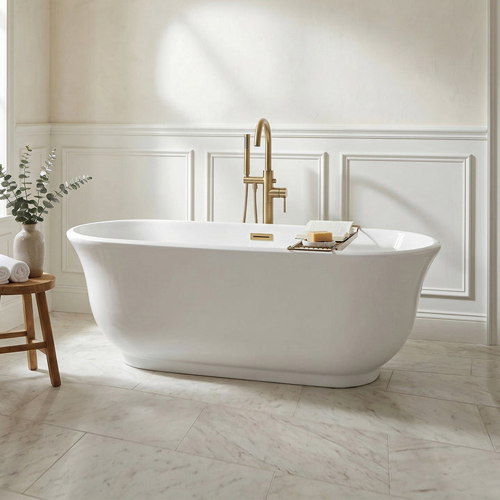 67 Inch Soaking Bathtub In Glossy White With Brushed Gold Trim Glossy White Finish - KITCHEN & BATH by Joshua Marshal