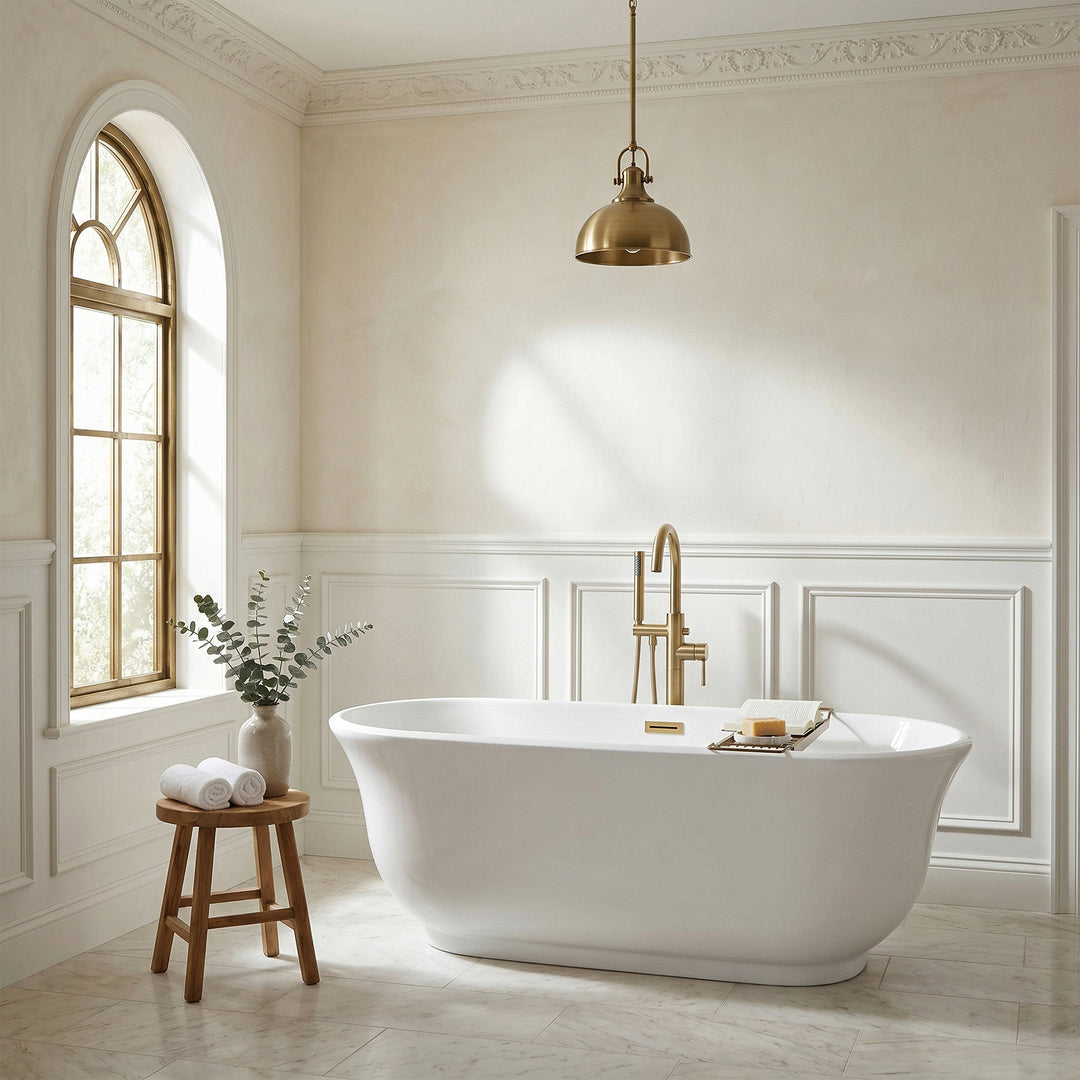 67 Inch Soaking Bathtub In Glossy White With Brushed Gold Trim - View 2 - Joshua Marshal