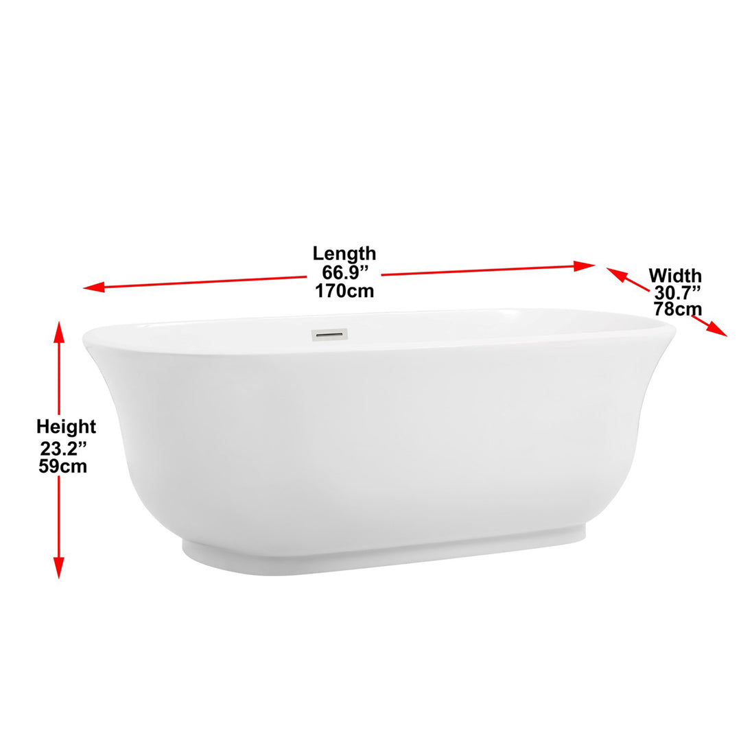 67 Inch Soaking Bathtub In Glossy White With Brushed Nickel Trim - View 6 - Joshua Marshal