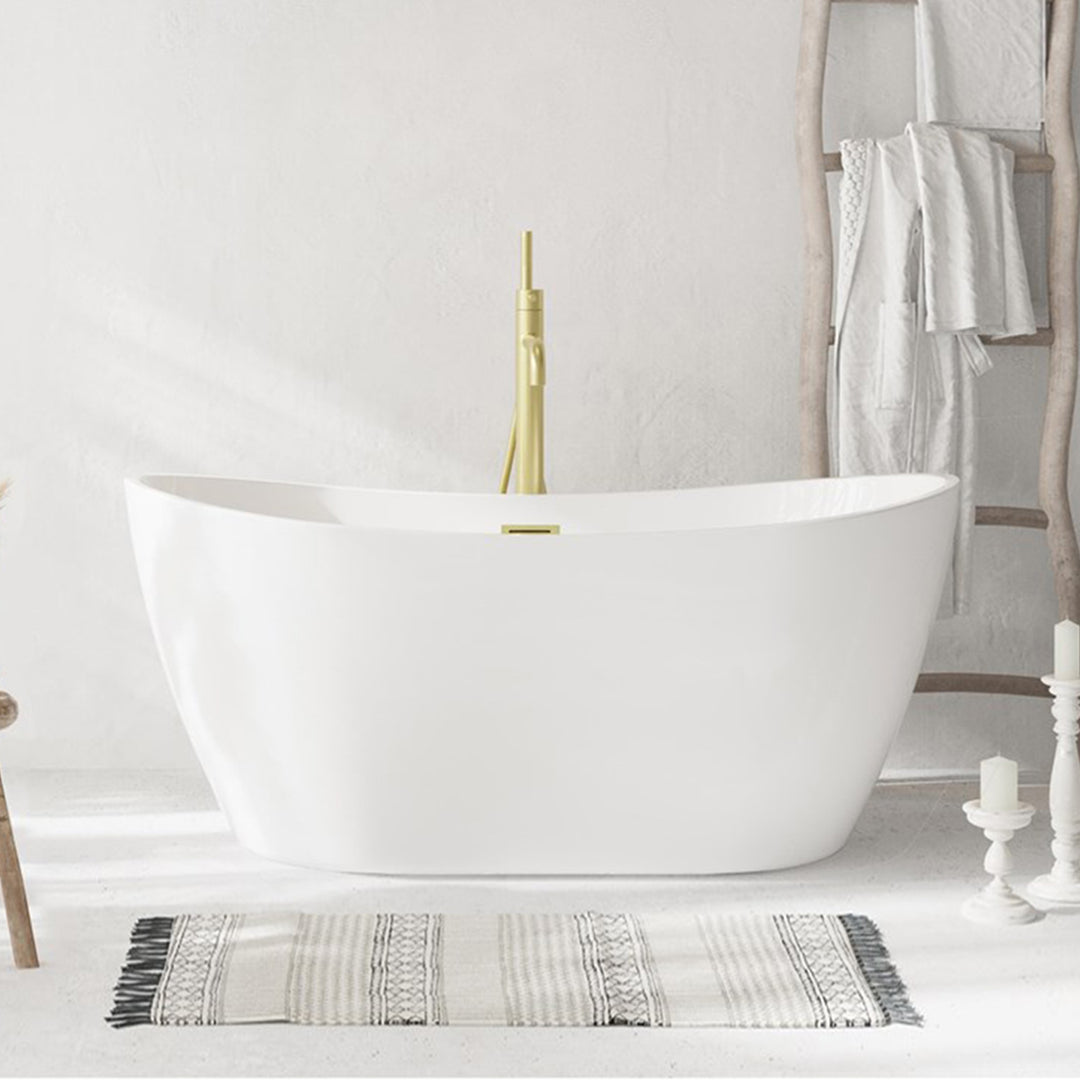 59 Inch Soaking Bathtub In Glossy White With Brushed Gold Trim Glossy White Finish - KITCHEN & BATH by Joshua Marshal
