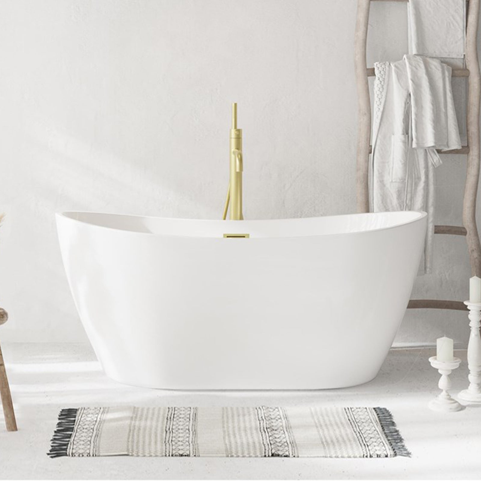 59 Inch Soaking Bathtub In Glossy White With Brushed Gold Trim Glossy White Finish - KITCHEN & BATH by Joshua Marshal