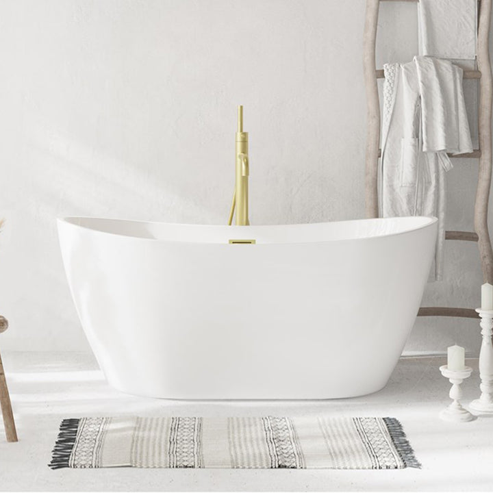 59 Inch Soaking Bathtub In Glossy White With Brushed Gold Trim Glossy White Finish - KITCHEN & BATH by Joshua Marshal