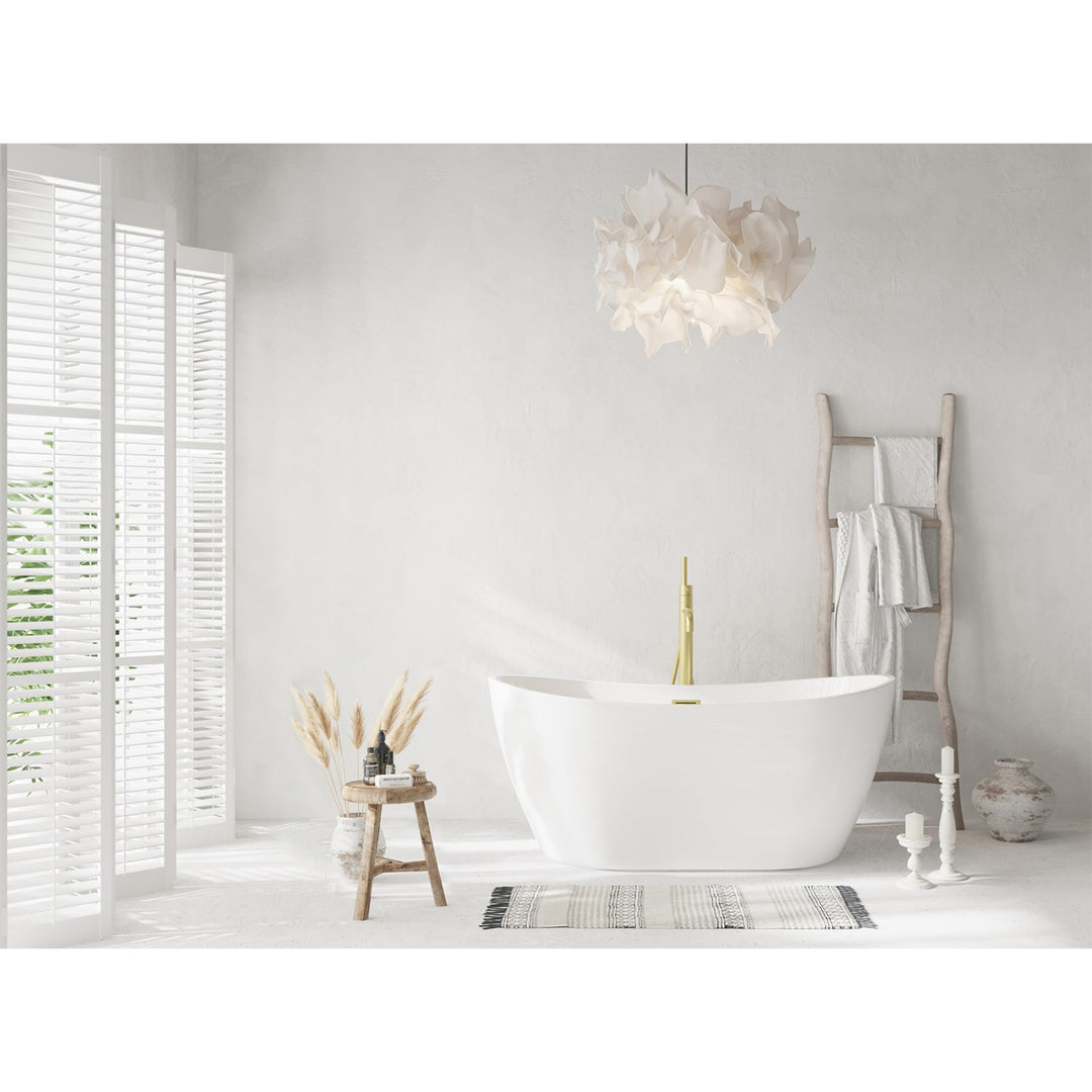 59 Inch Soaking Bathtub In Glossy White With Brushed Gold Trim - View 2 - Joshua Marshal