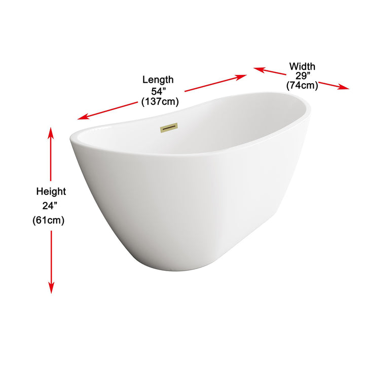 59 Inch Soaking Bathtub In Glossy White With Brushed Gold Trim - View 6 - Joshua Marshal
