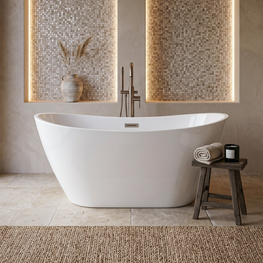 59 Inch Soaking Bathtub In Glossy White With Brushed Nickel Trim Glossy White Finish - KITCHEN & BATH by Joshua Marshal