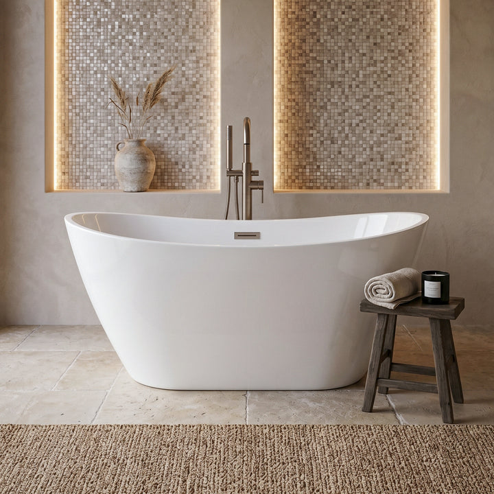 59 Inch Soaking Bathtub In Glossy White With Brushed Nickel Trim Glossy White Finish - KITCHEN & BATH by Joshua Marshal