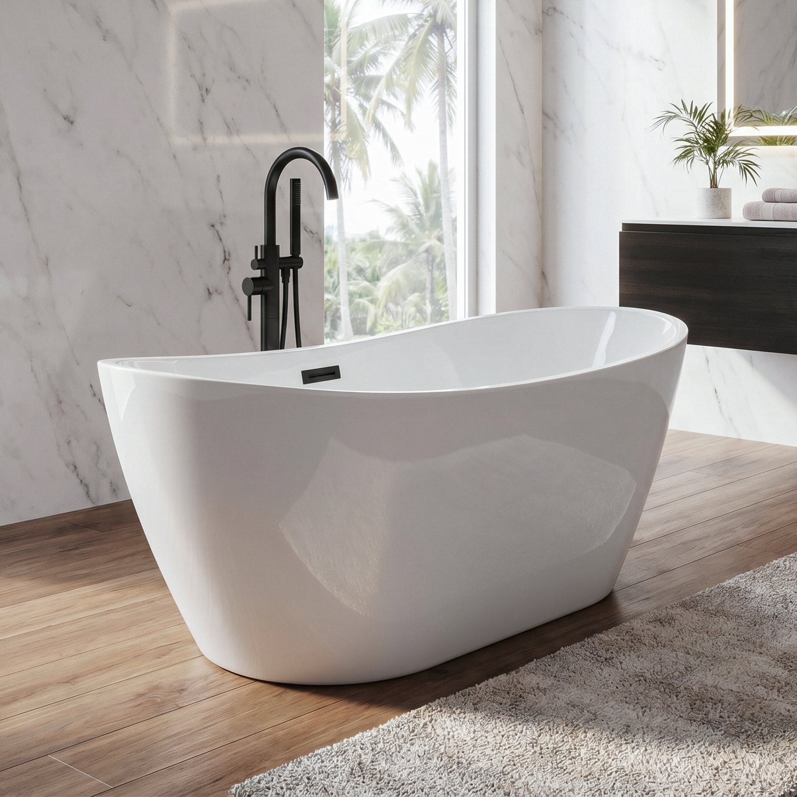 59 Inch Soaking Bathtub In Glossy White With Matte Black Trim Glossy White Finish - KITCHEN & BATH by Joshua Marshal